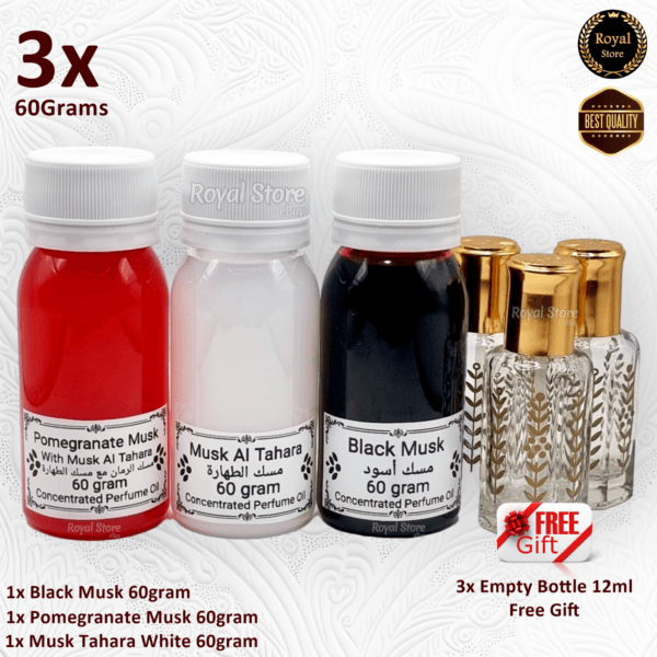 3x 60g Arabian Perfume Musk Oil Black Tahara White مسك طهارة أسود High Quality