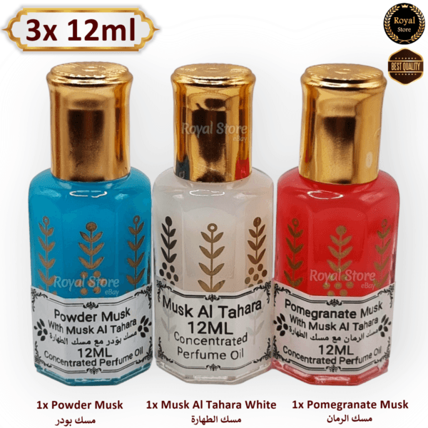 3x 12ml Arabian Perfume Musk Oil Tahara Powder Pomegranate attar مسك طهارة OFFER